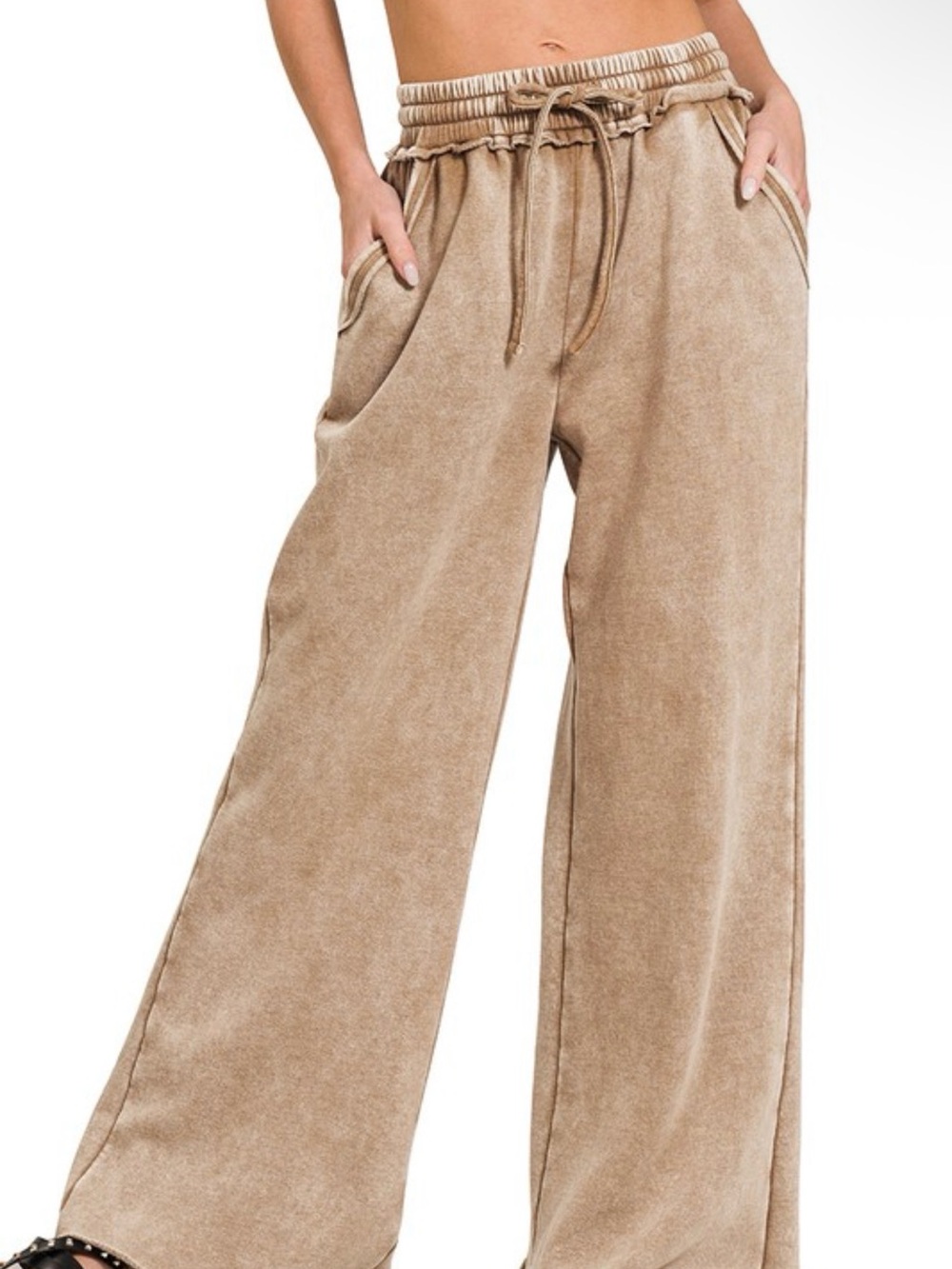 Zenana Deep Camel Acid Wash Wide-Leg Drawstring Lounge Pants -Sold Out Color - Picture 2 of 3